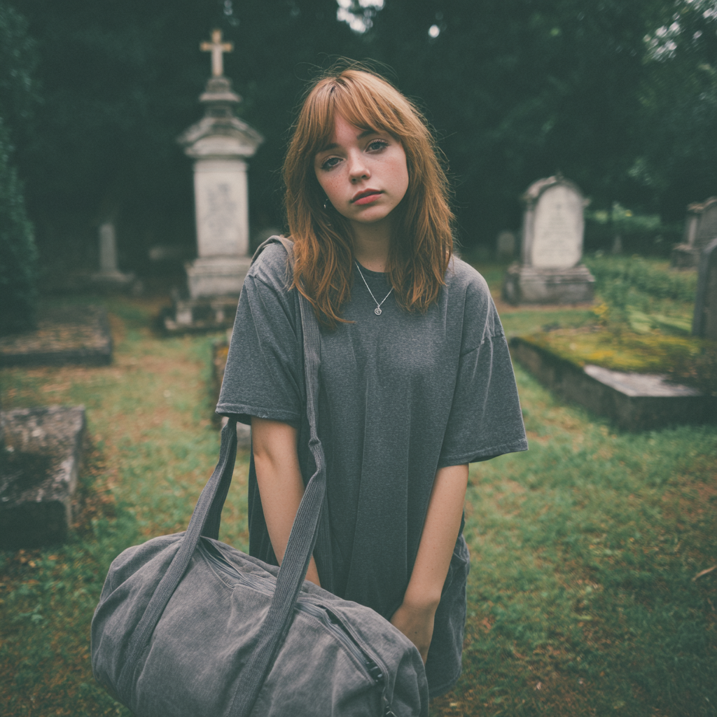 Une jeune femme debout dans un cimetière avec un sac de sport | Source : Midjourney