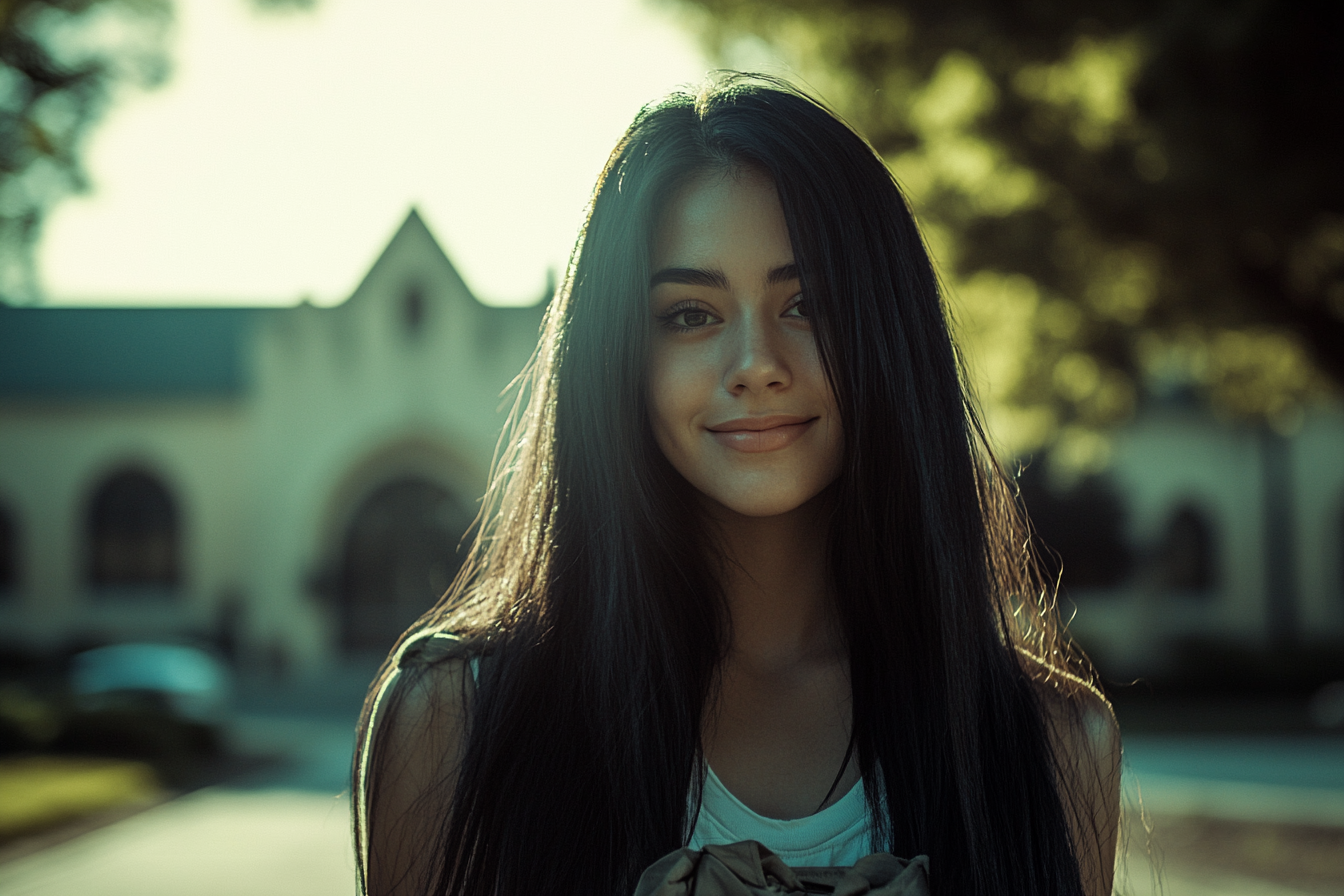 Une jeune femme sourit en marchant sur un campus universitaire | Source : Midjourney