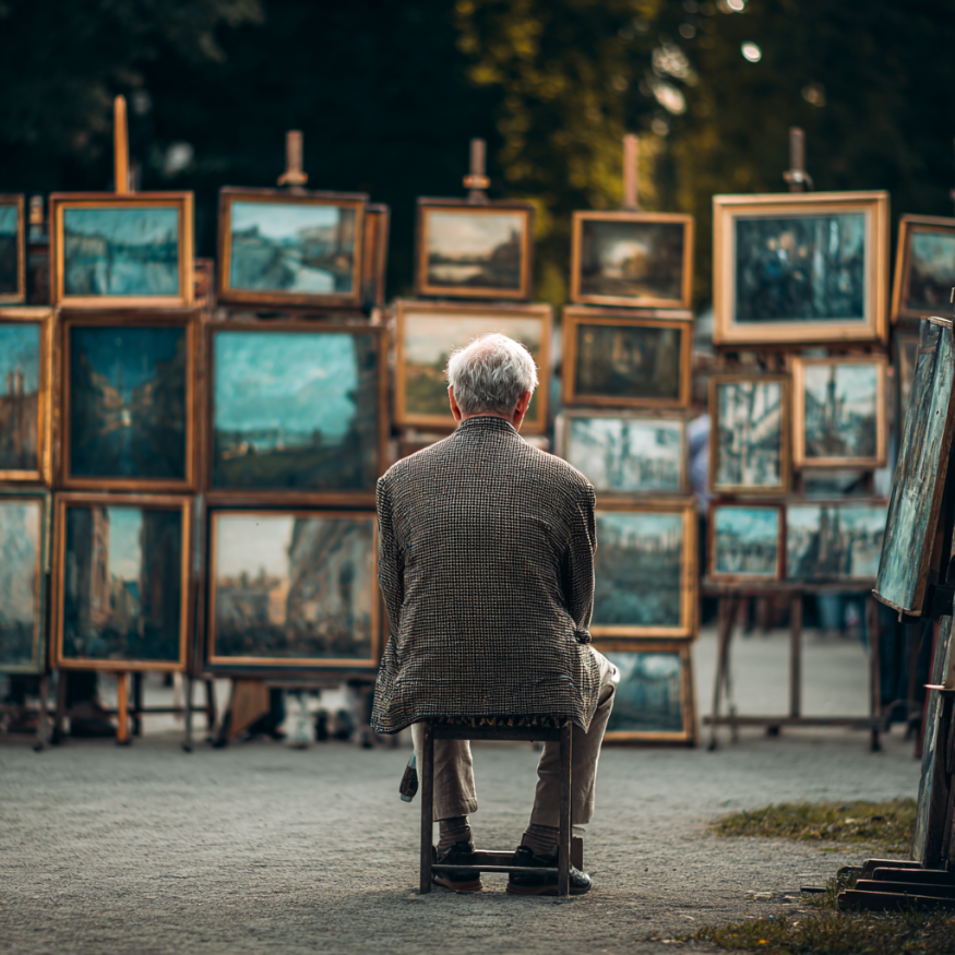 Un homme assis devant ses peintures dans un parc | Source : Midjourney