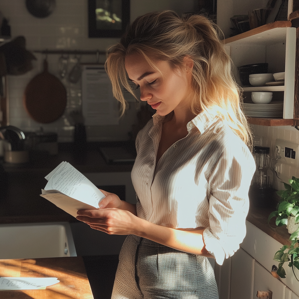 Une femme lisant une lettre dans une cuisine | Source : Midjourney