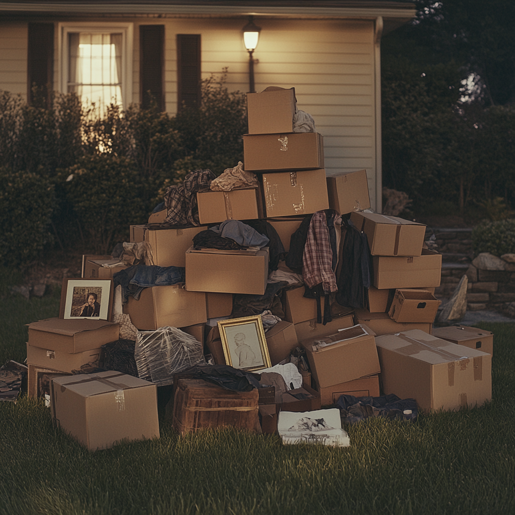 Vêtements et effets personnels rangés dans une pile de cartons à l'extérieur d'une maison | Source : Midjourney