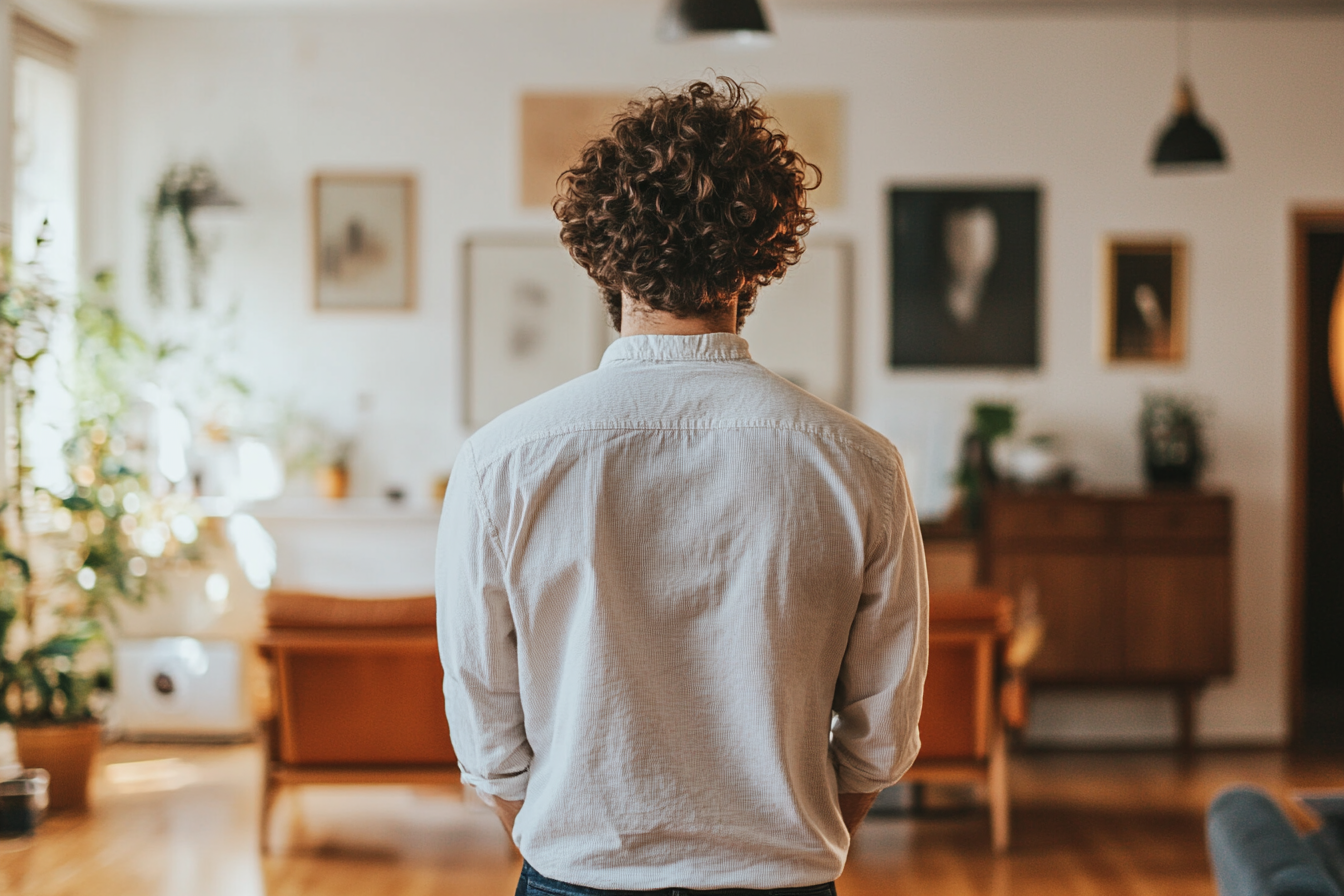 Un homme debout dans son salon | Source : Midjourney