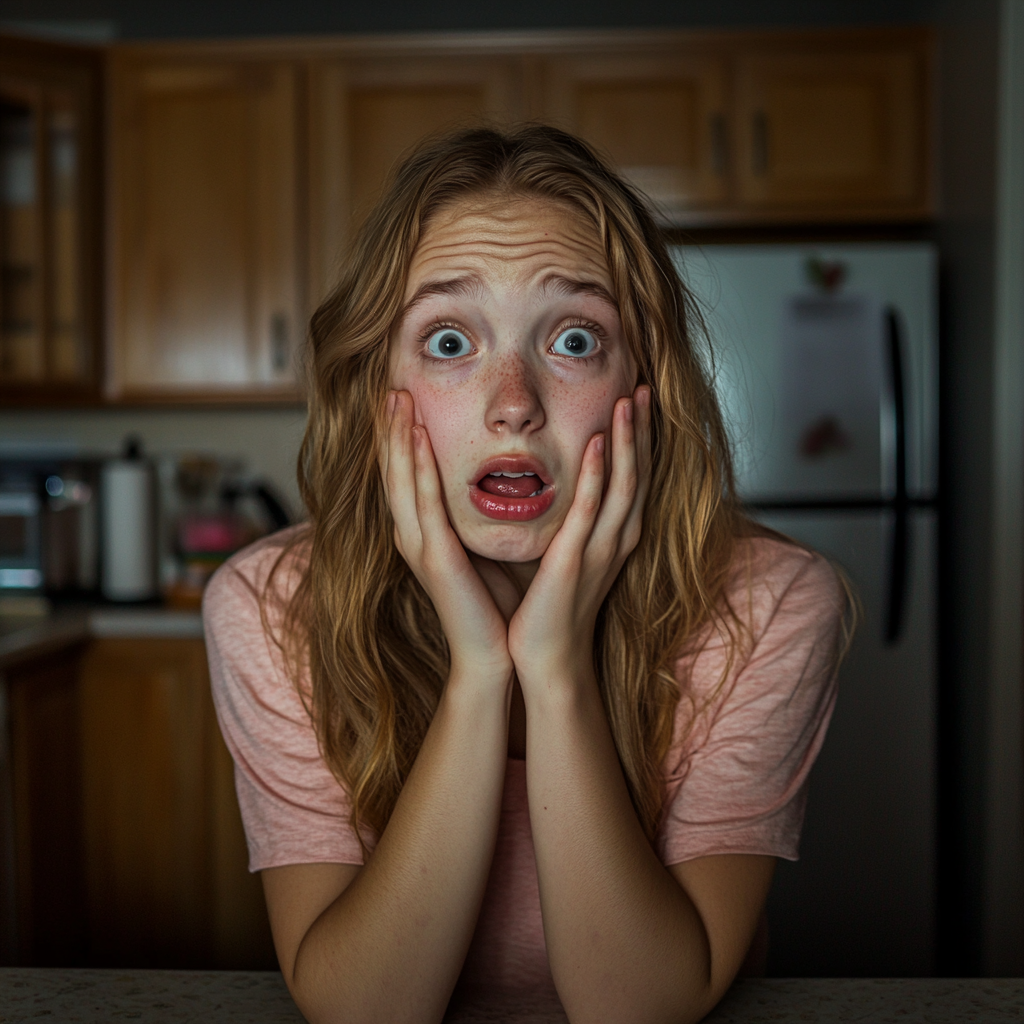 Une fille choquée dans sa cuisine | Source : Midjourney