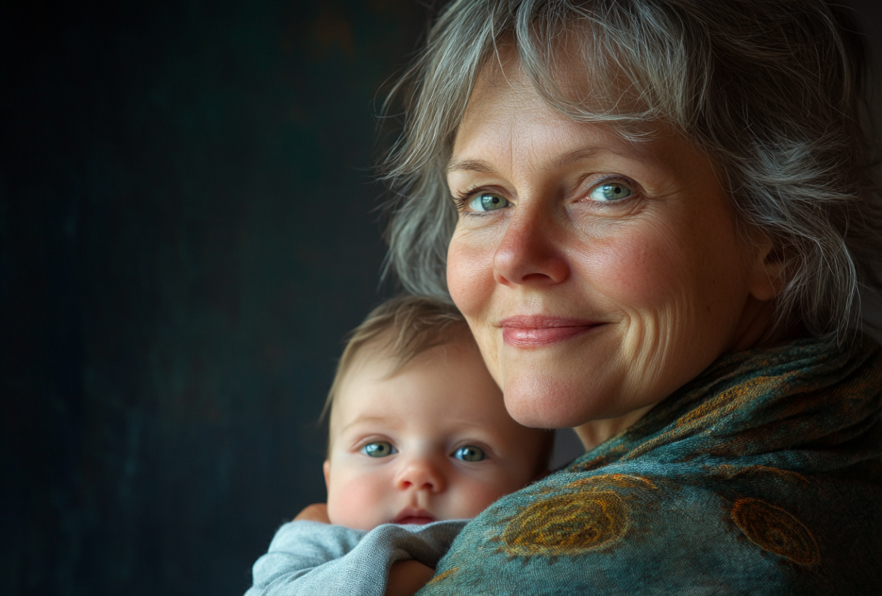 Une femme d'âge mûr tenant son petit-fils | Source : Midjourney