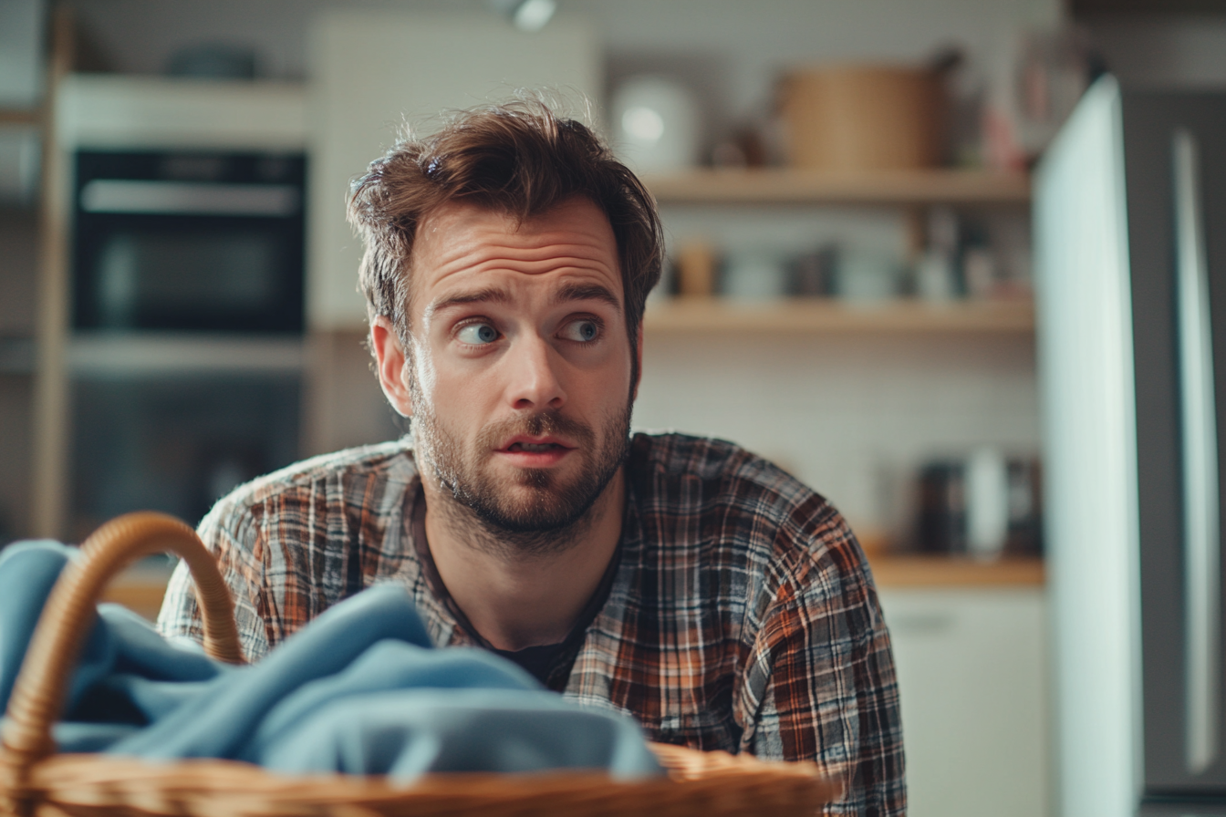 Un homme qui trie du linge dans sa cuisine | Source : Midjourney