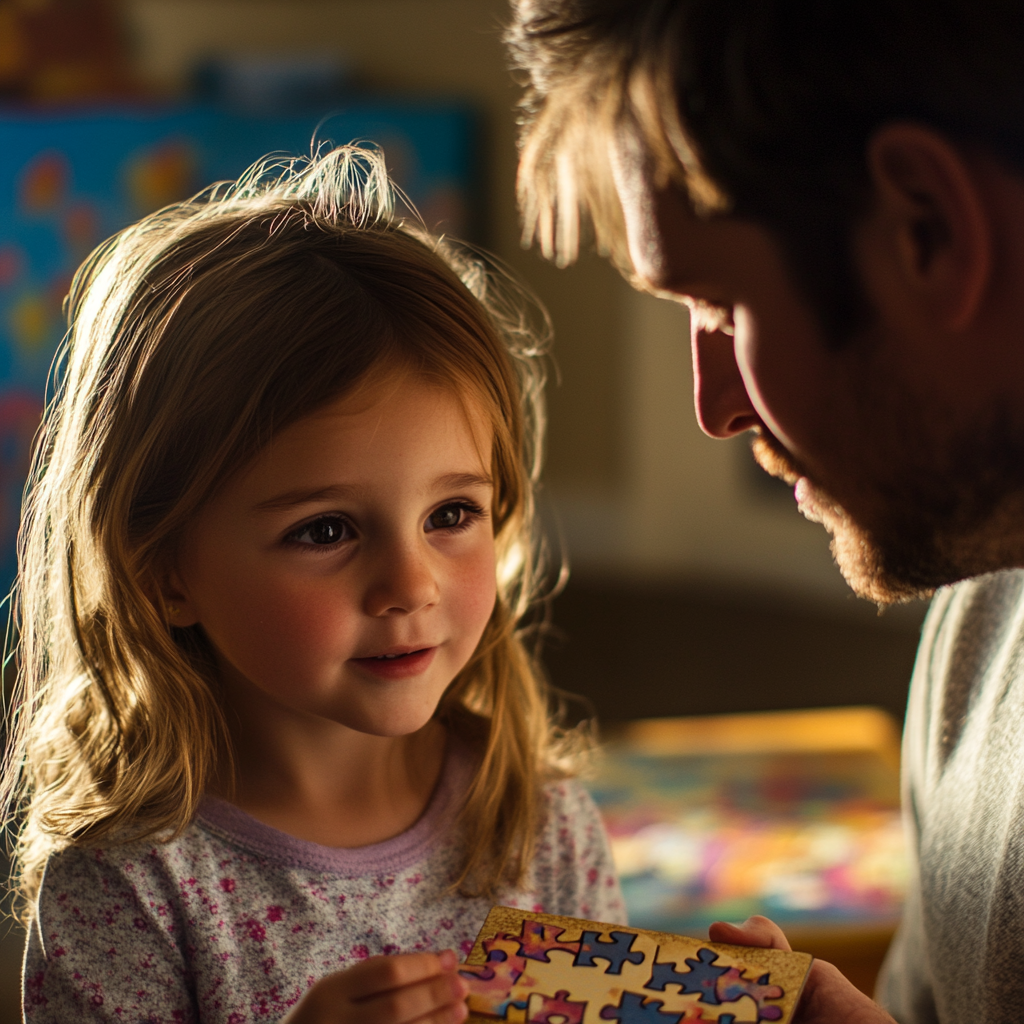 Une fille montre un puzzle à un homme | Source : Midjourney