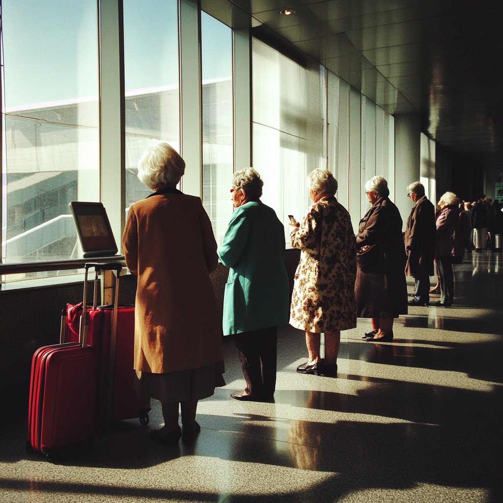 Une rangée de grands-mères dans un aéroport | Source : Midjourney