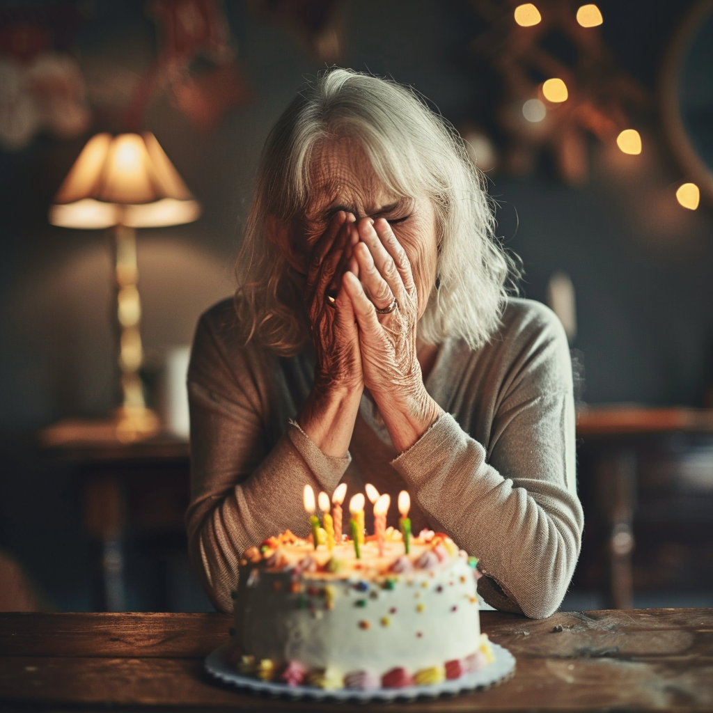 Une femme assise devant un gâteau d'anniversaire et qui pleure | Source : Midjourney