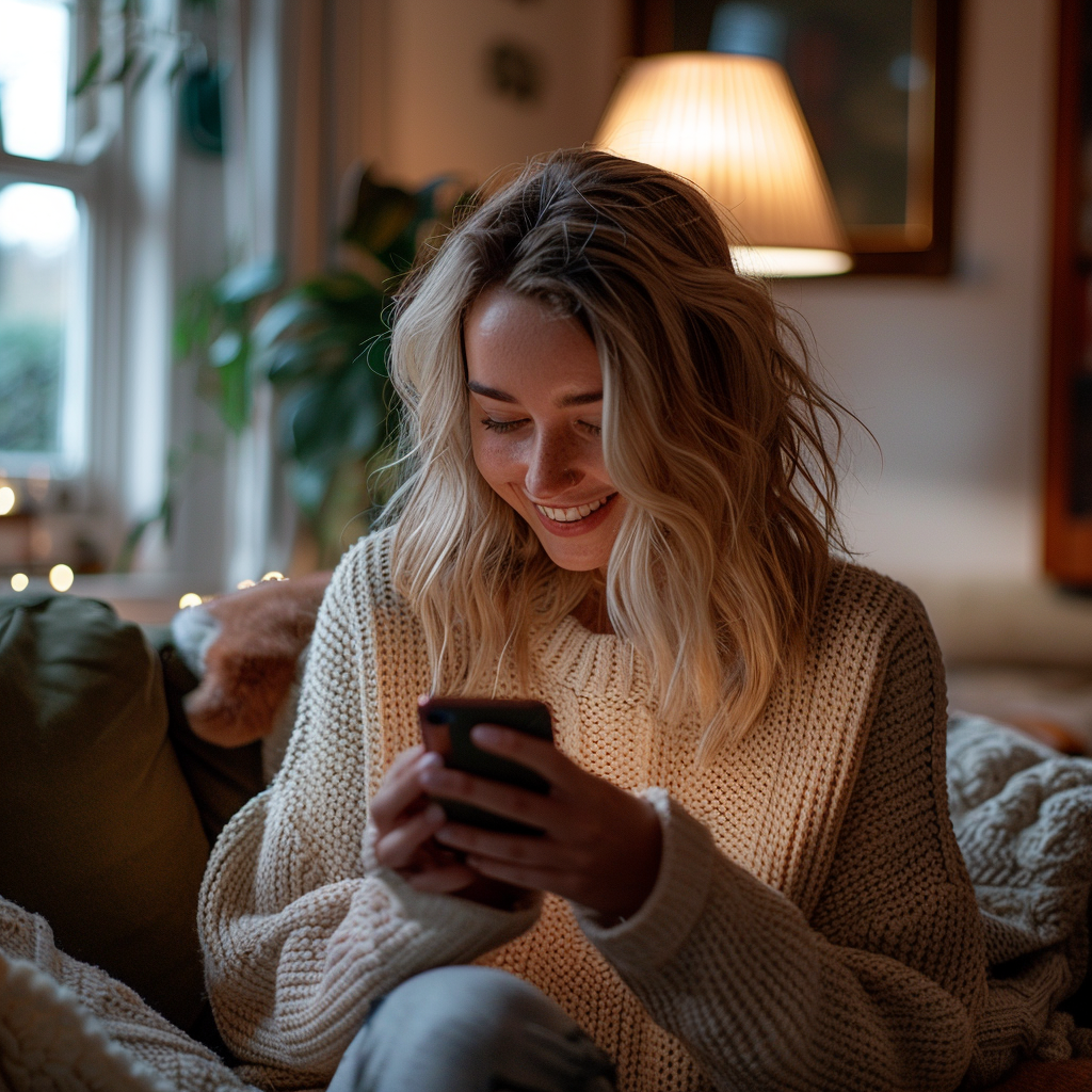 Une jeune femme souriante utilisant son téléphone | Source : Midjourney