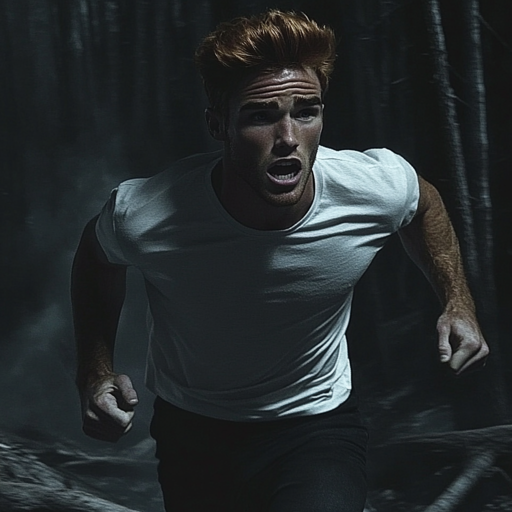 A scared man running in the woods at night | Source: Midjourney