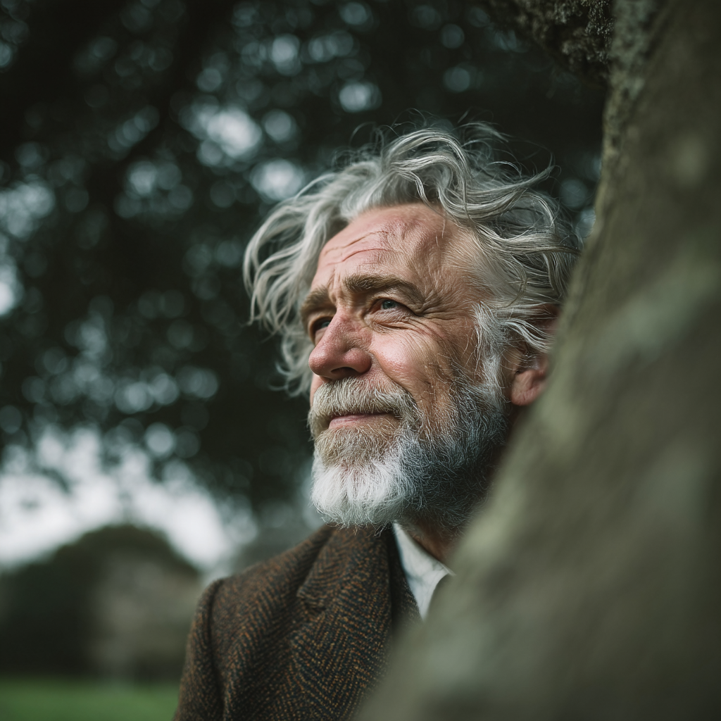 Un homme jetant un coup d'œil derrière un arbre | Source : Midjourney
