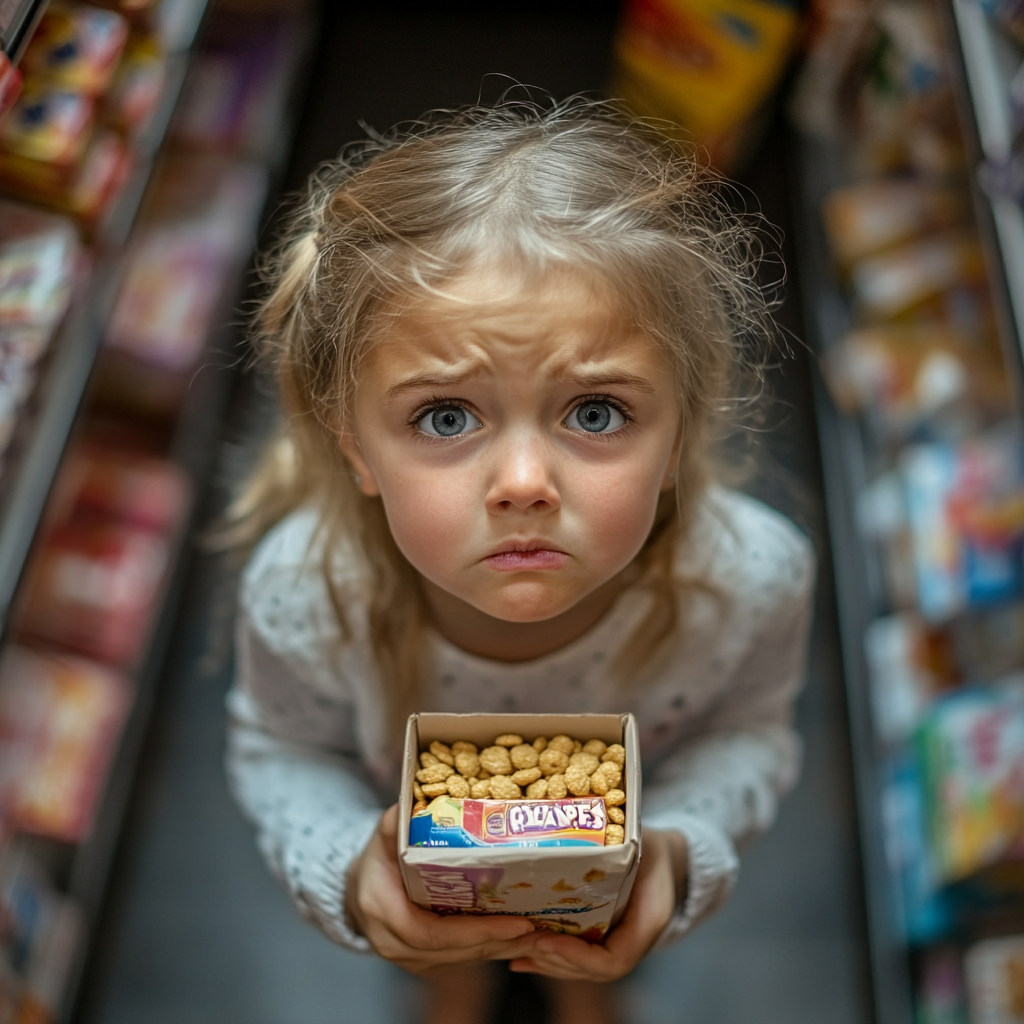 Une petite fille triste avec une boîte de céréales | Source : Midjourney