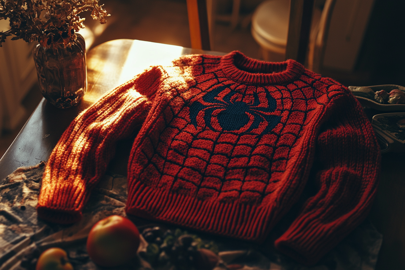 Un tricot sur le thème de Spiderman posé sur une table | Source : Midjourney