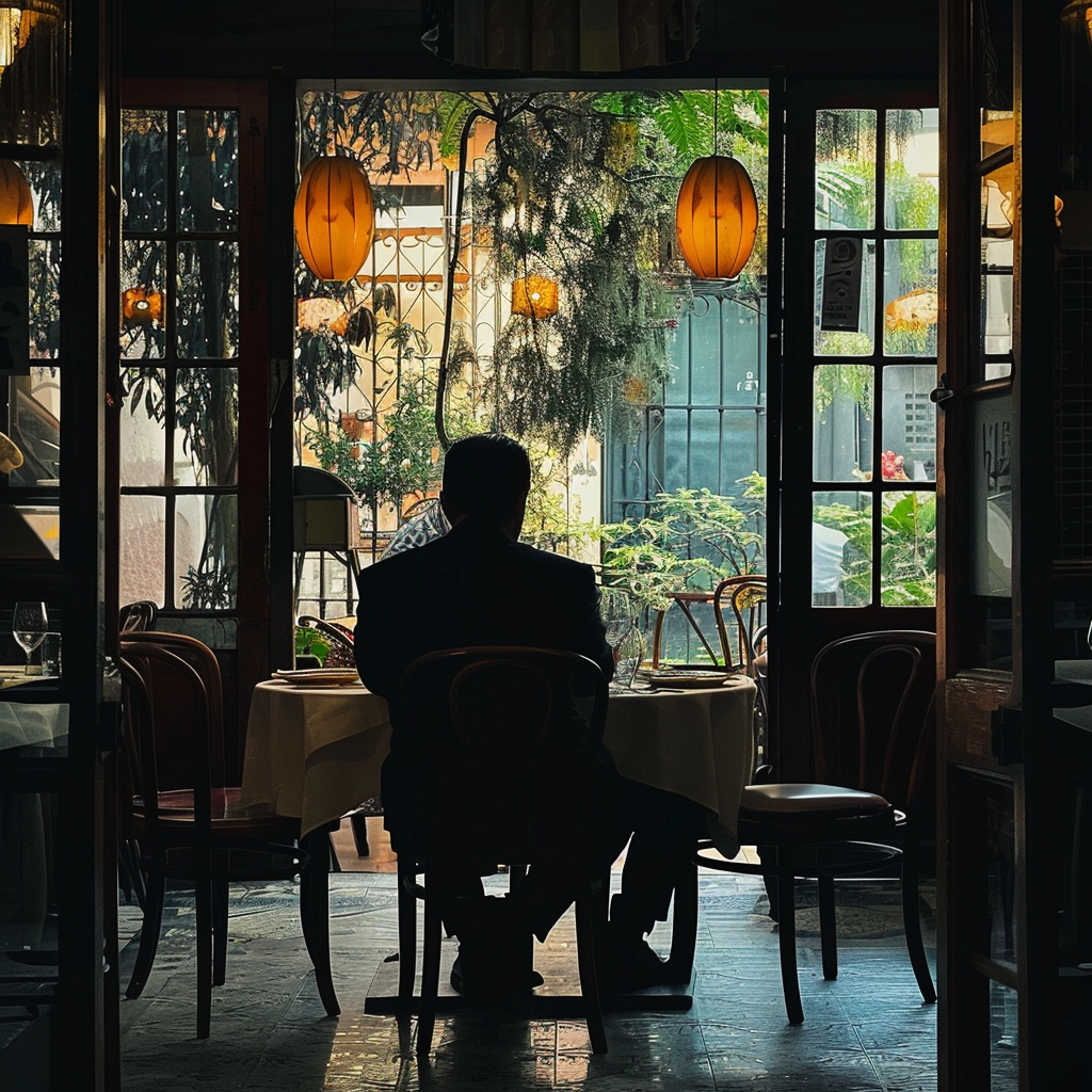 Dylan assis dans un restaurant en attendant son rendez-vous | Source : Midjourney