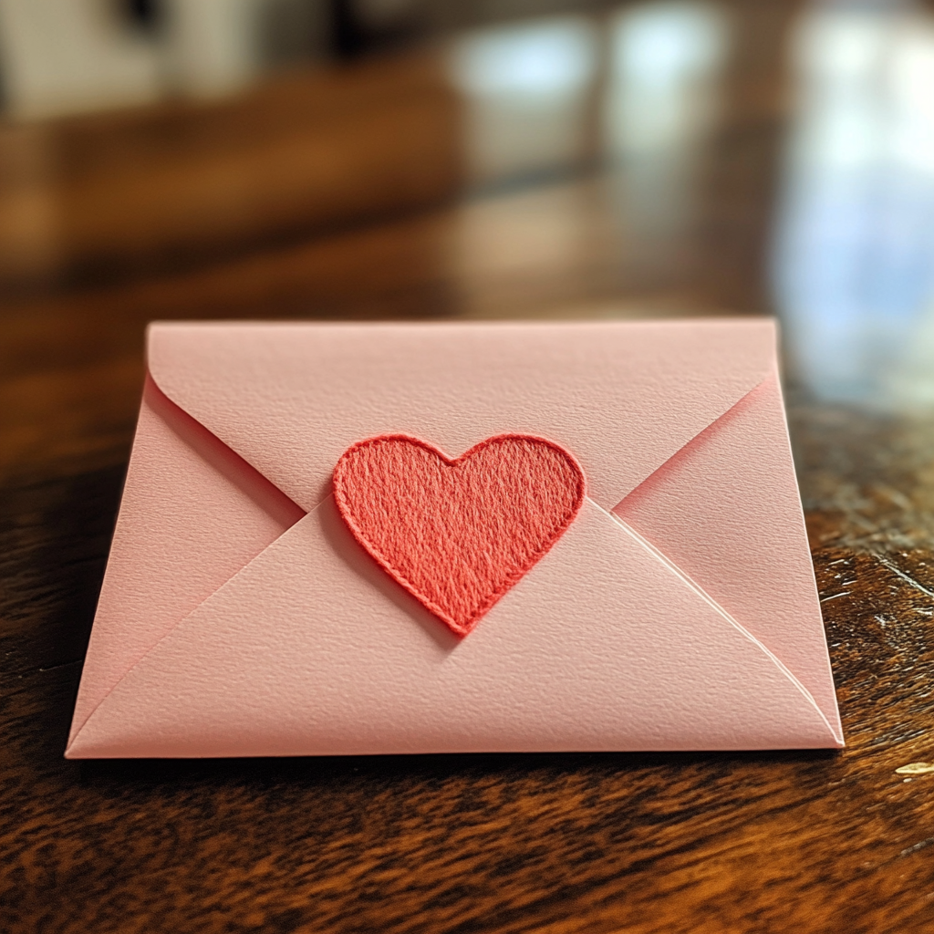 Une enveloppe rose sur une table | Source : Midjourney