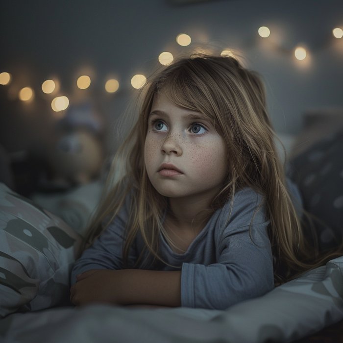 Une petite fille triste assise seule dans sa chambre | Source : Midjourney