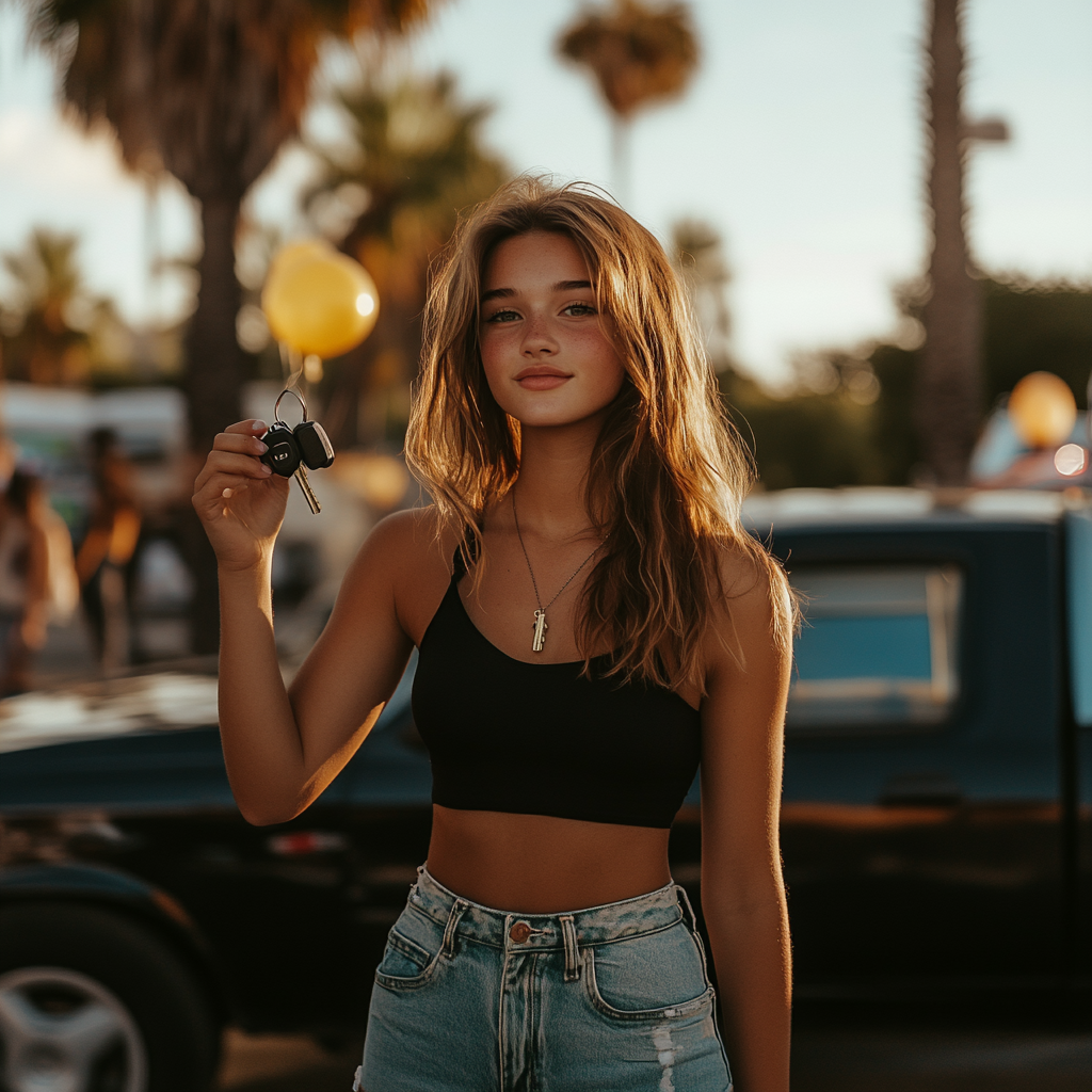 Une fille heureuse tenant ses clés de voiture | Source : Midjourney