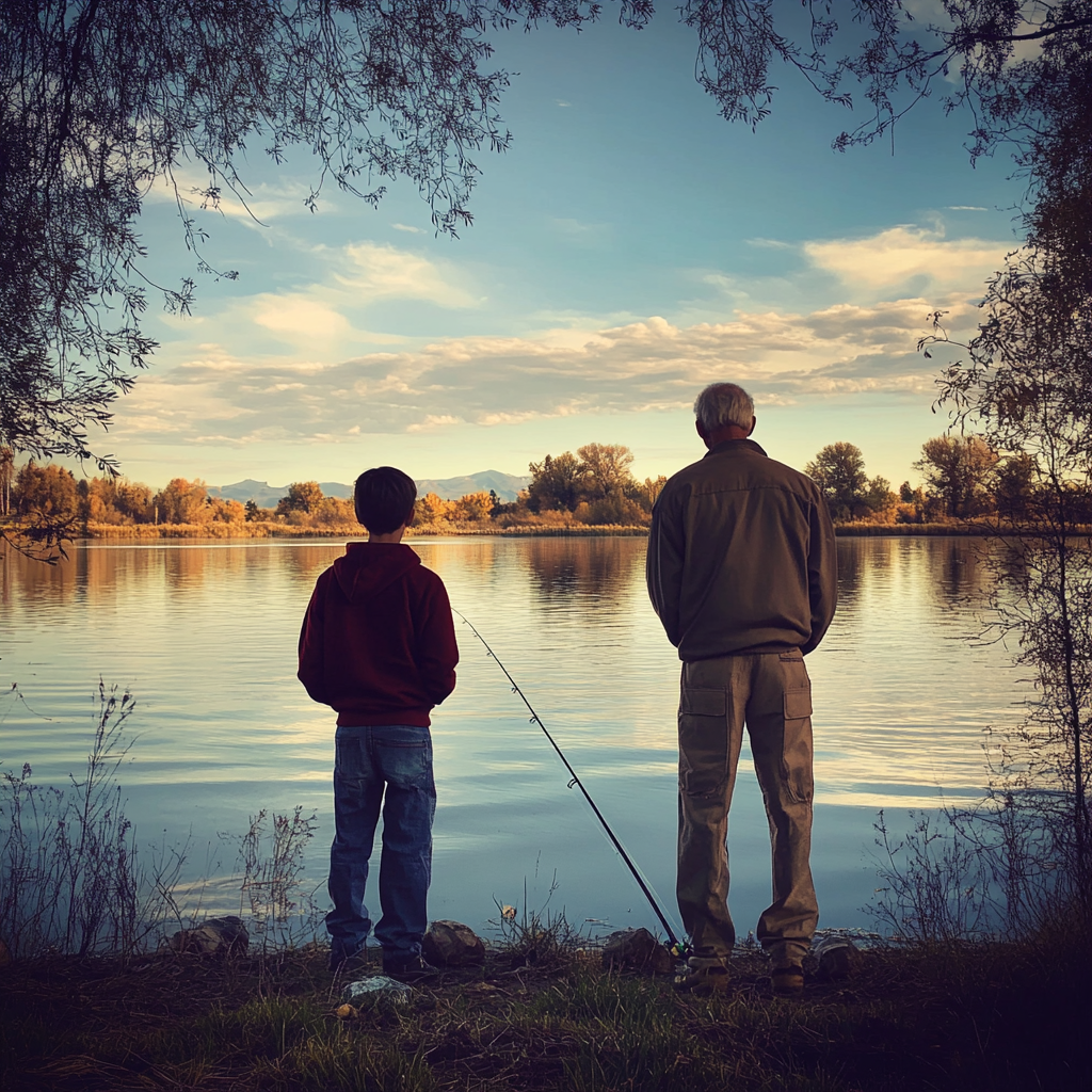 Un vieil homme et un jeune garçon tissent des liens en pêchant | Source : Midjourney