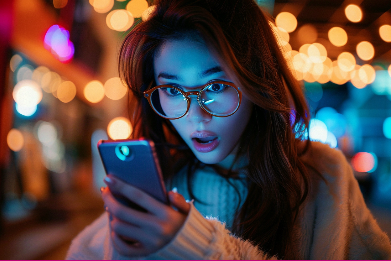 Une femme qui regarde son téléphone en état de choc | Source : MidJourney