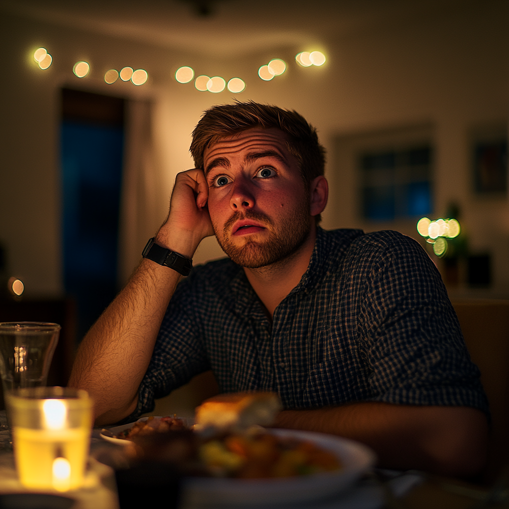 Un homme a l'air surpris alors qu'il est assis à la table du dîner | Source : Midjourney