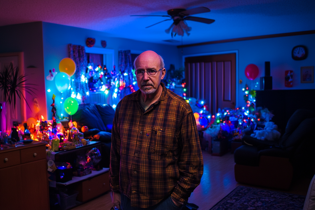 Un homme maussade debout dans un salon décoré | Source : Midjourney