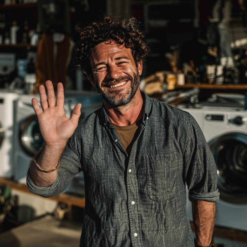 Un homme qui fait un signe de la main en souriant | Source : Midjourney