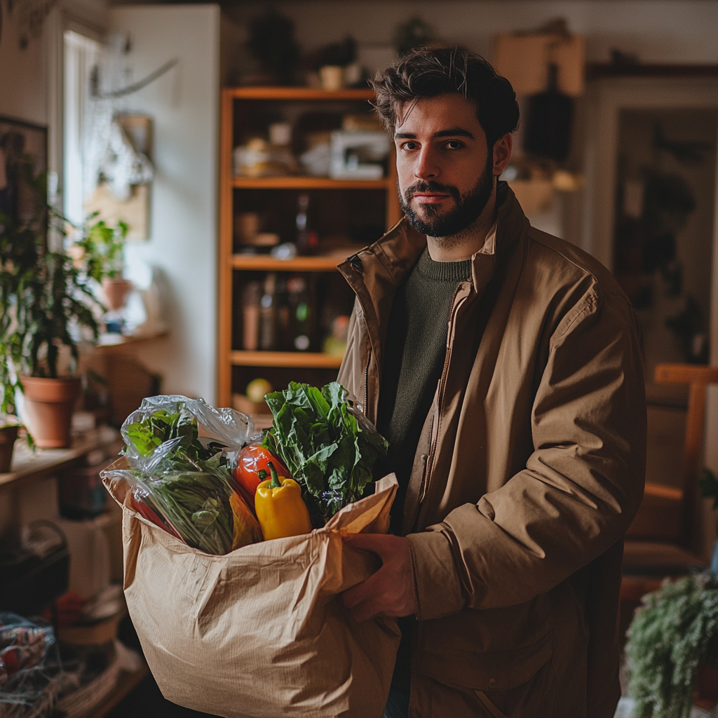 Un homme tenant un sac de provisions | Source : Midjourney