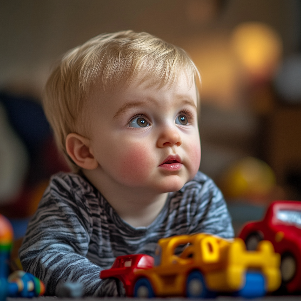 Un petit garçon lève les yeux tout en jouant avec ses jouets | Source : Midjourney