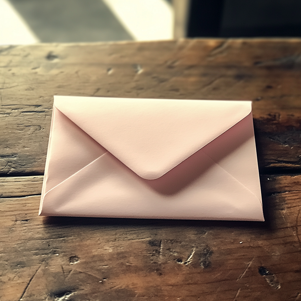 Une enveloppe rose pâle sur une table de cuisine | Source : Midjourney
