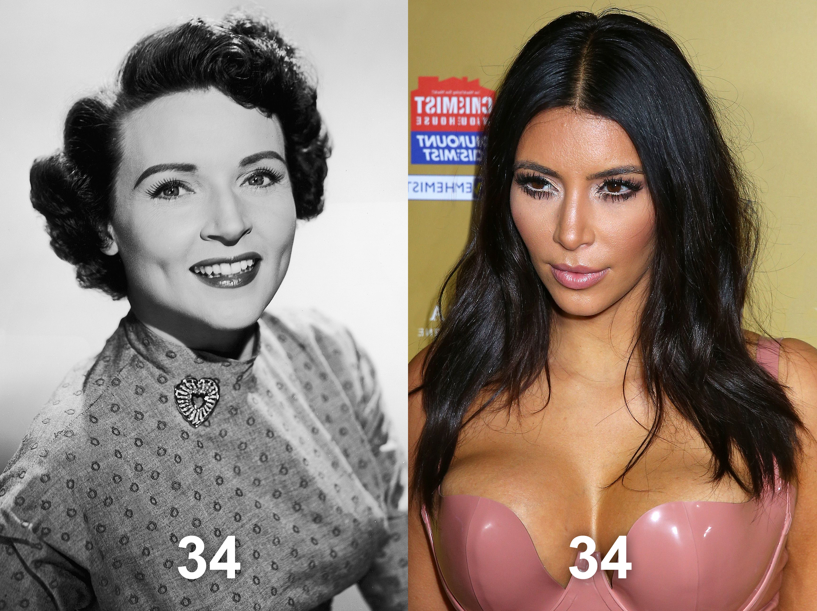 Betty White, vers 1955 | Kim Kardashian, 2014 | Source : Getty Images