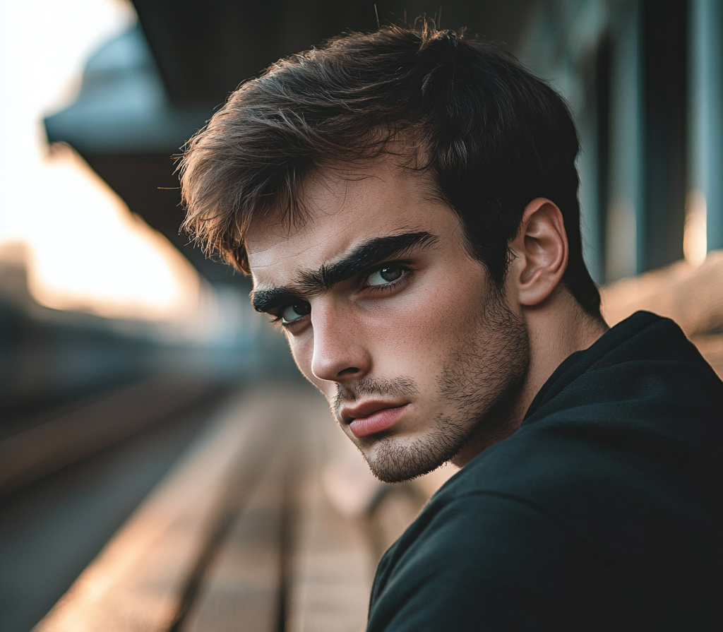 Un jeune homme au cœur brisé assis dans une gare | Source : Midjourney