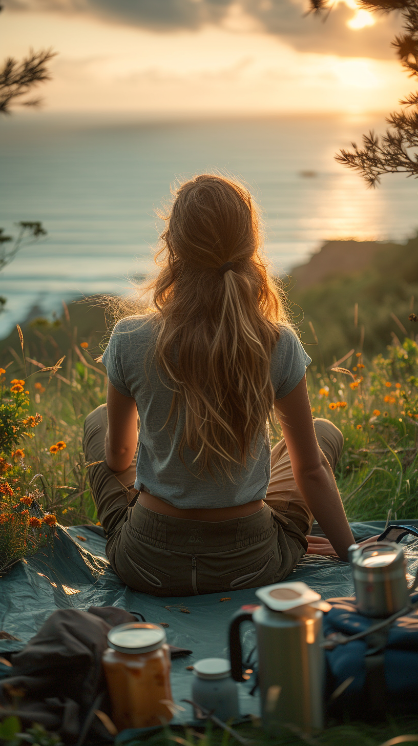 Une femme assise à l'extérieur et regardant la vue | Source : Midjourney