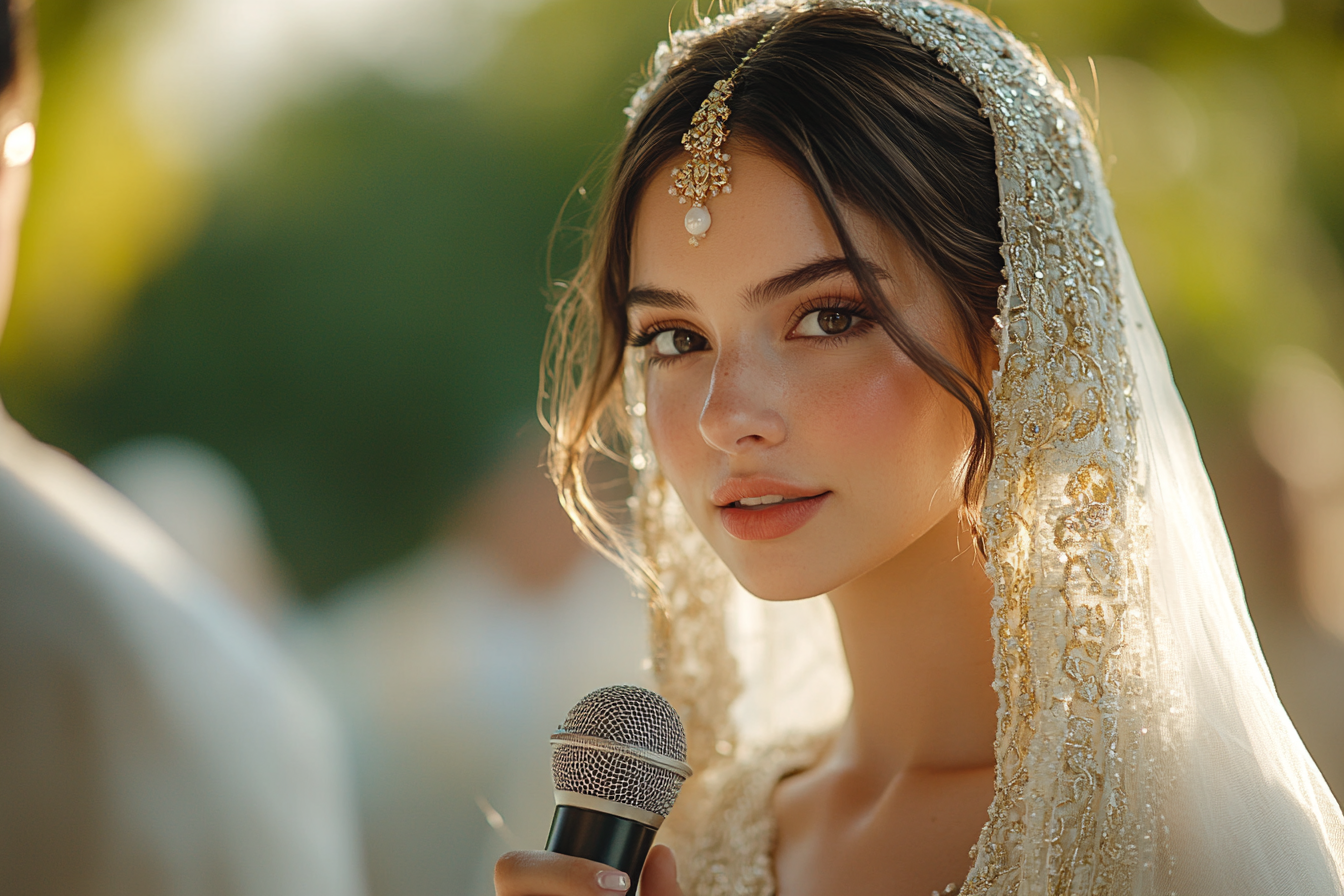 Emotional bride holding a microphone, speaking | Source: Midjourney