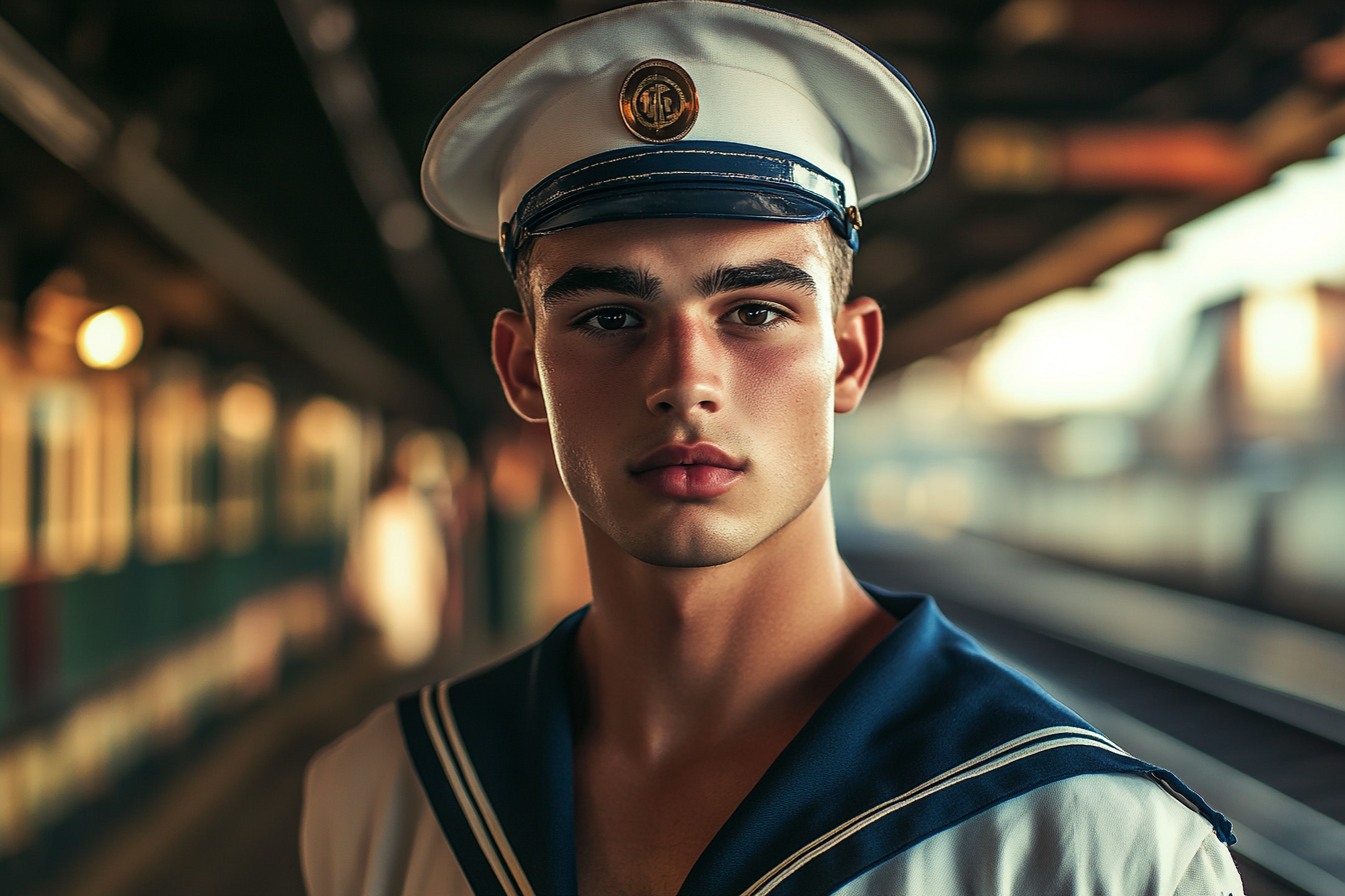 Un beau marin dans une gare à l'air déterminé | Source : Midjourney