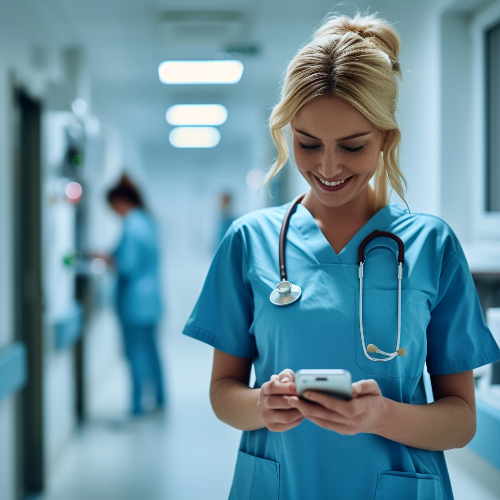 Une interne d'hôpital tenant son téléphone | Source : Midjourney