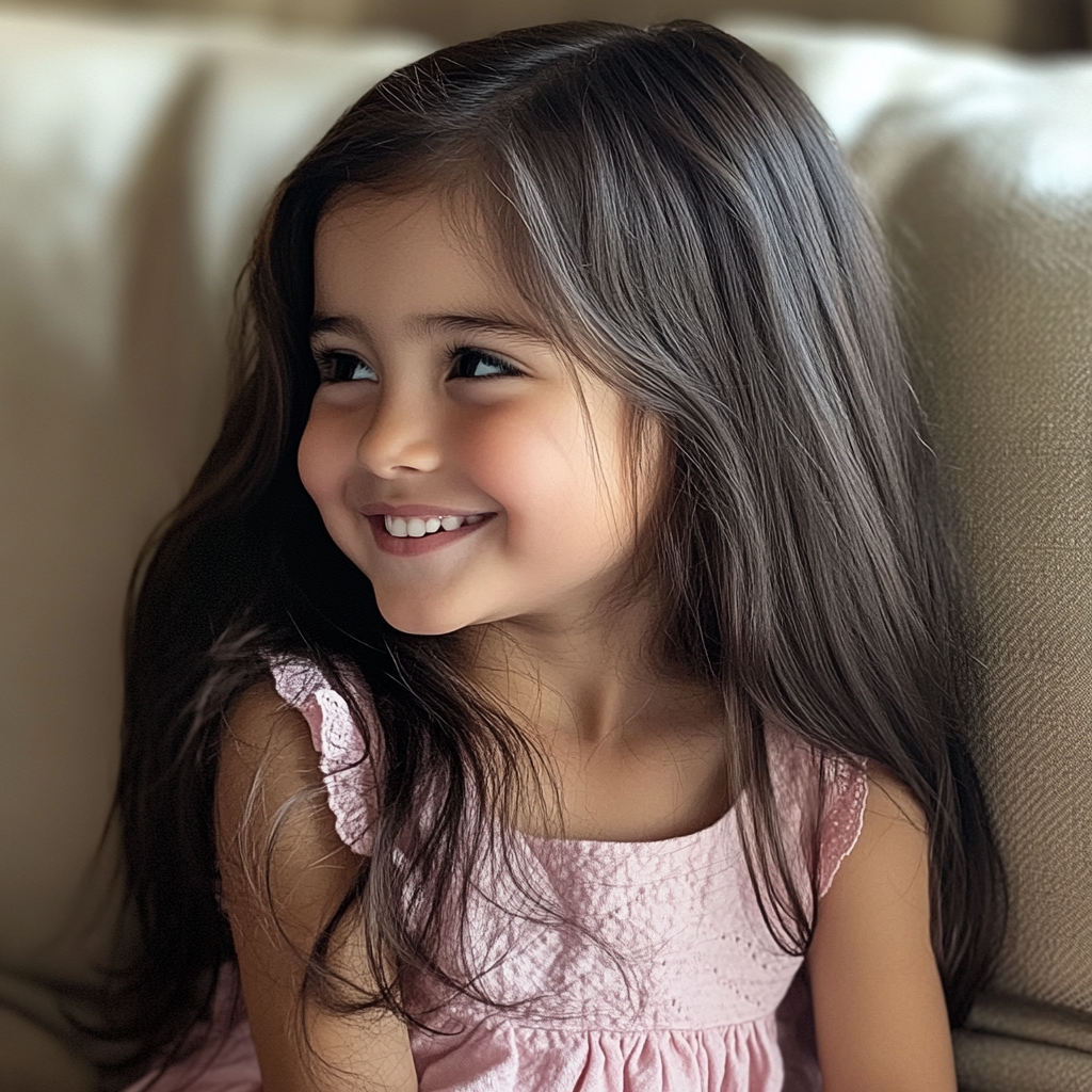 Une petite fille assise sur un canapé | Source : Midjourney