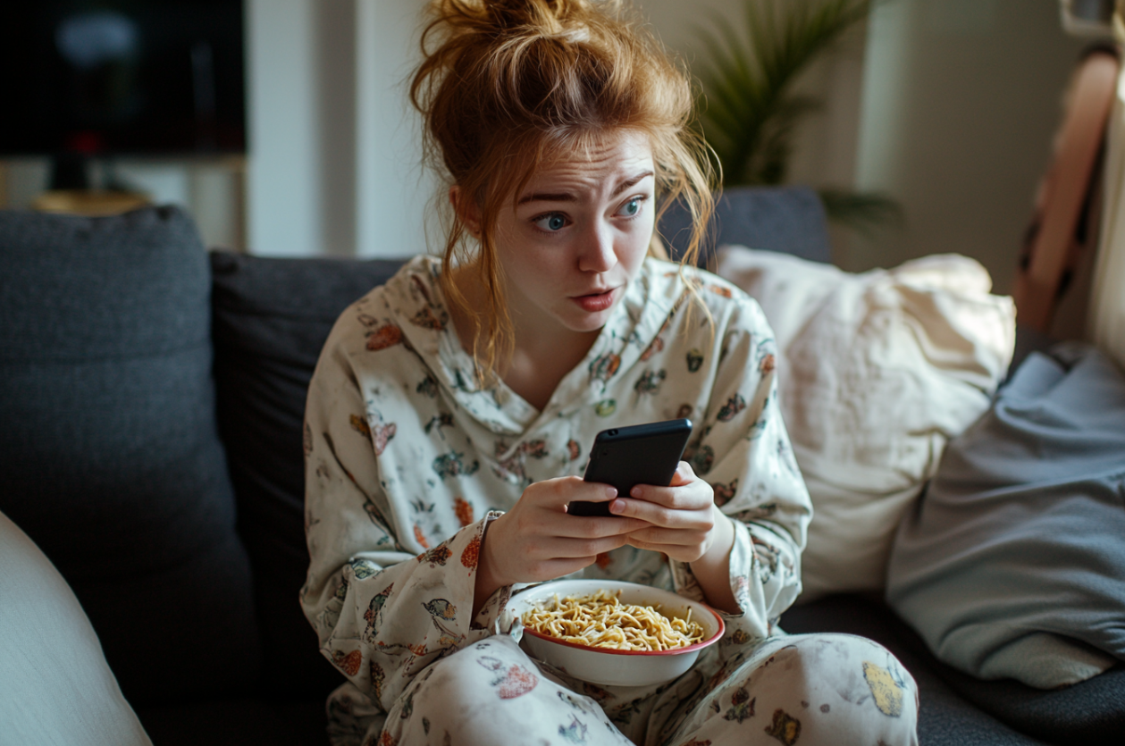 Une femme lisant un texte sur son téléphone | Source : Midjourney