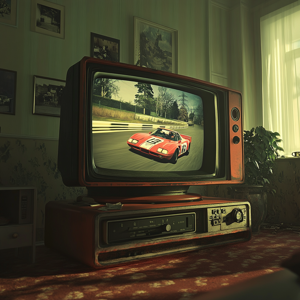 TV screen flashes leading car in game | Source: Midjourney