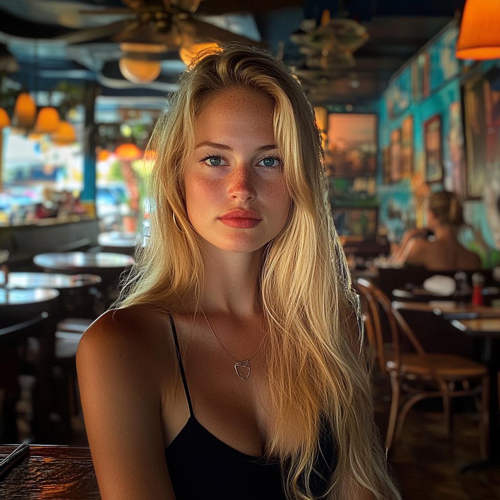 Jeune femme blonde dans un restaurant | Source : Midjourney