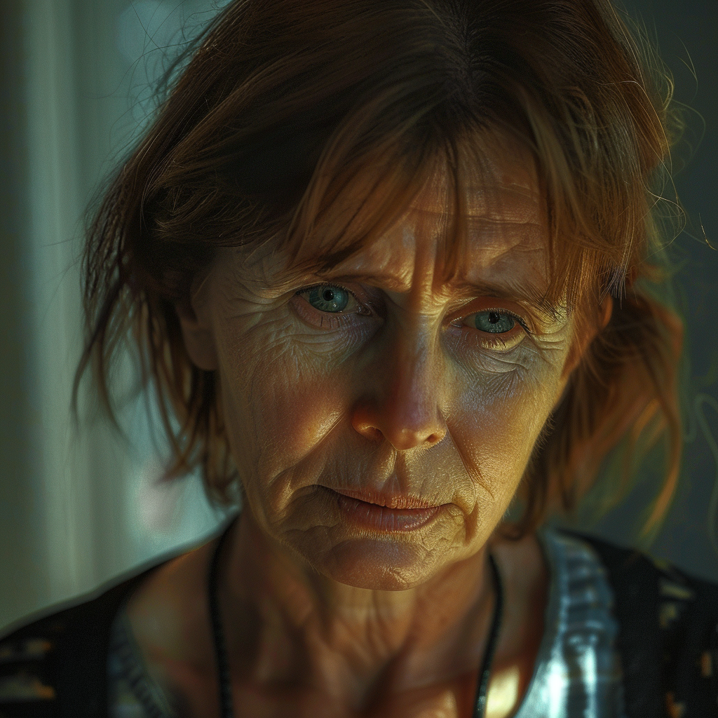 Une femme triste, les yeux baissés. | Source : Midjourney