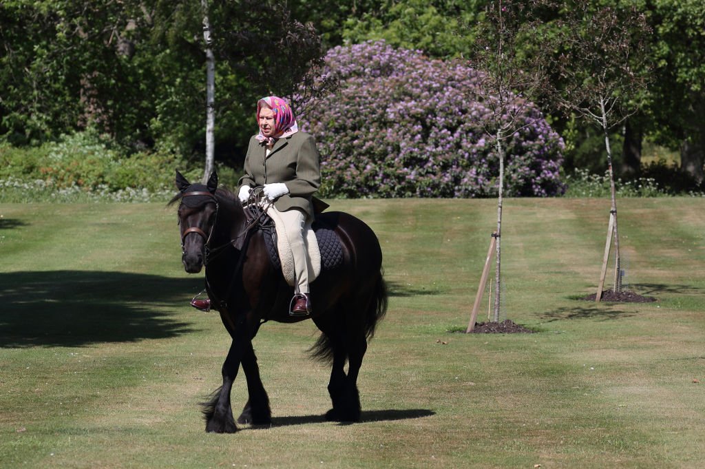 La reine Elizabeth II monte Balmoral Fern, un Fell Pony de 14 ans, à Windsor Home Park le week-end du 30 mai et du 31 mai 2020 à Windsor, en Angleterre. La reine a été en résidence au château de Windsor pendant la pandémie de coronavirus. І Source : Getty Images