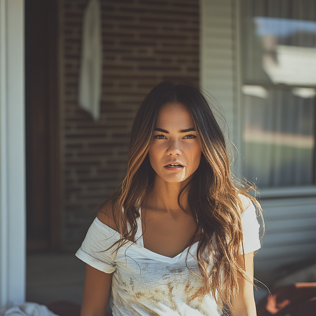 Une femme confuse se tenant devant sa maison | Source : Midjourney