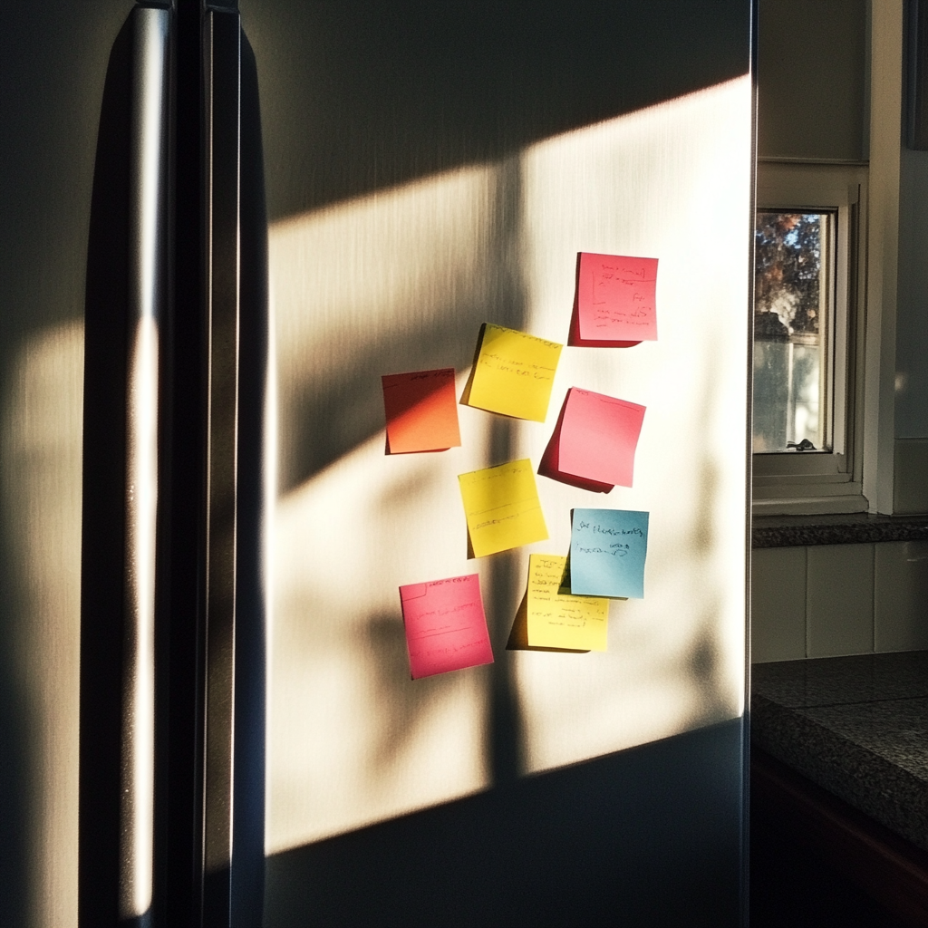 Post-it sur un réfrigérateur | Source : Midjourney