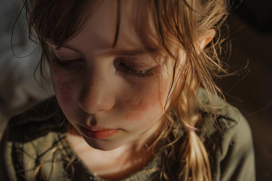 Une jeune fille bouleversée, les yeux baissés | Source : Midjourney