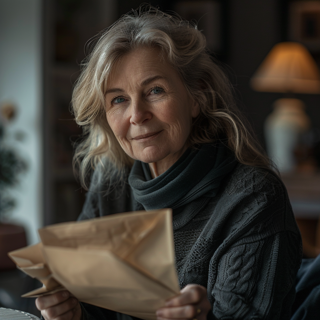 Une femme d'âge moyen tenant une grande enveloppe | Source : Midjourney