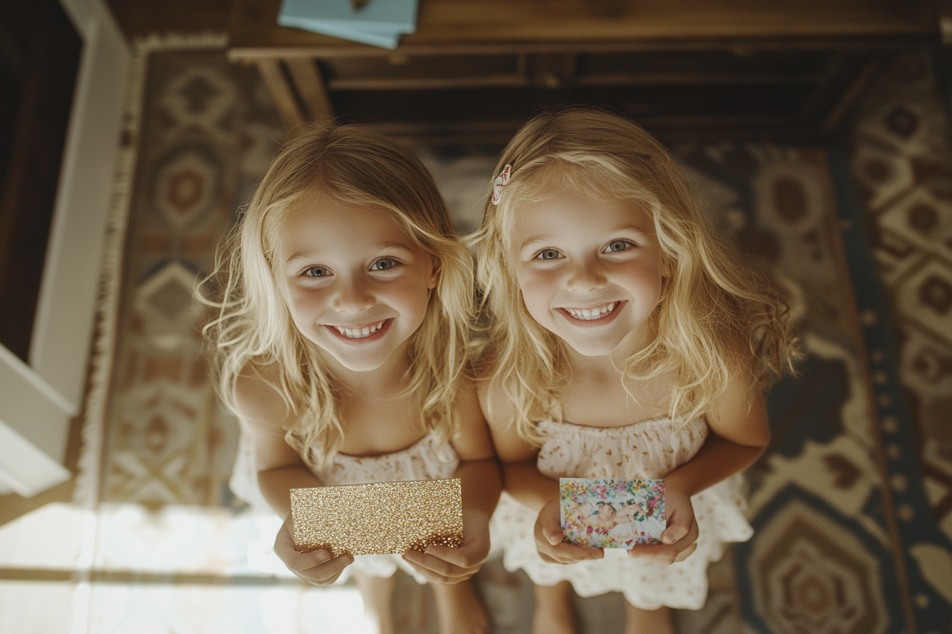 Des jumelles blondes, âgées de 5 ans, sourient en tenant des cartes dans le salon | Source : Midjourney