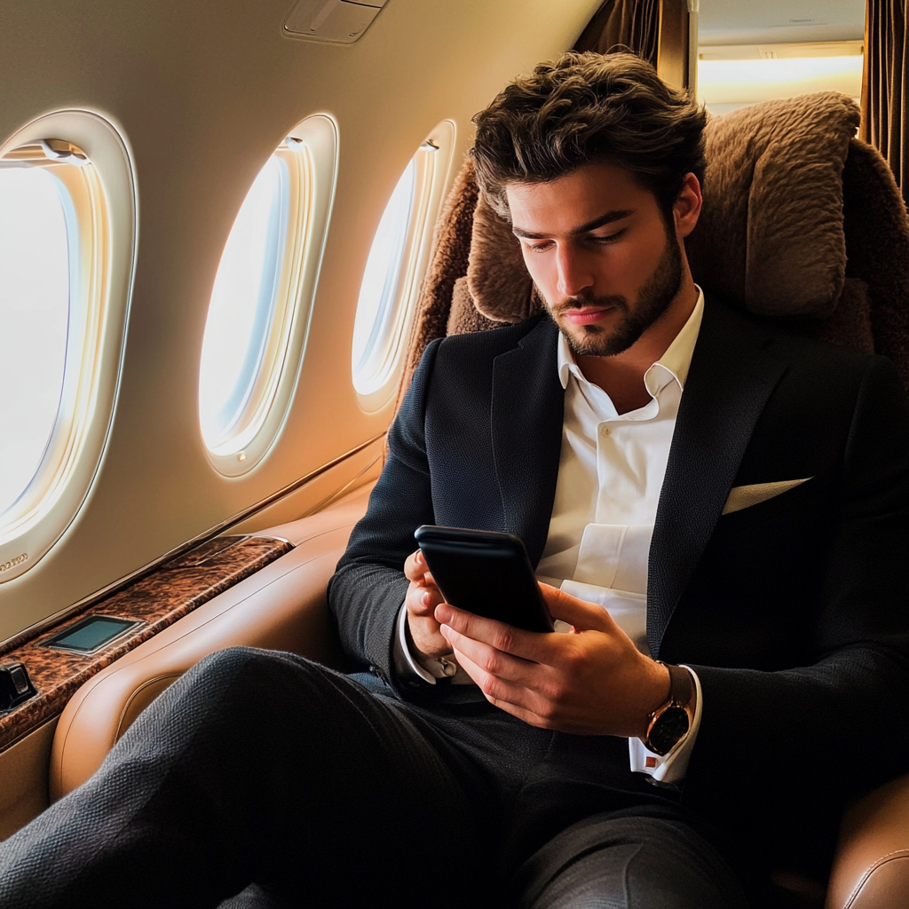 Homme dans un avion faisant défiler son téléphone | Source : Midjourney