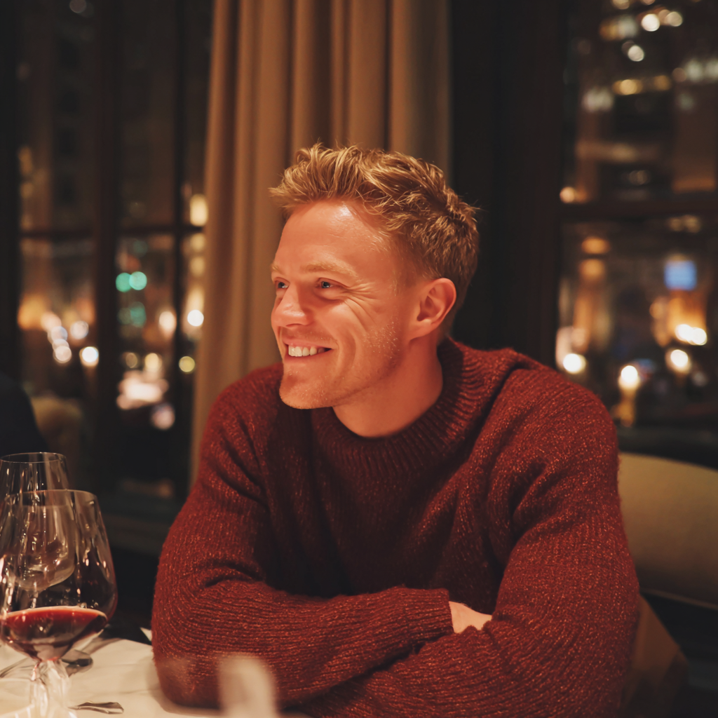Un homme souriant portant un pull marron | Source : Midjourney