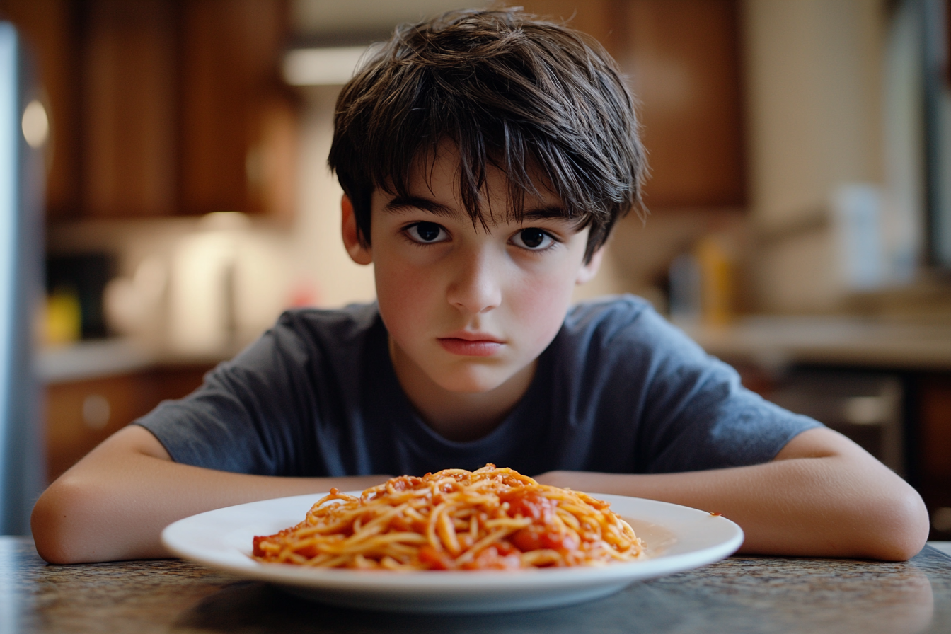 Un adolescent à l'air boudeur assis à une table de cuisine | Source : Midjourney