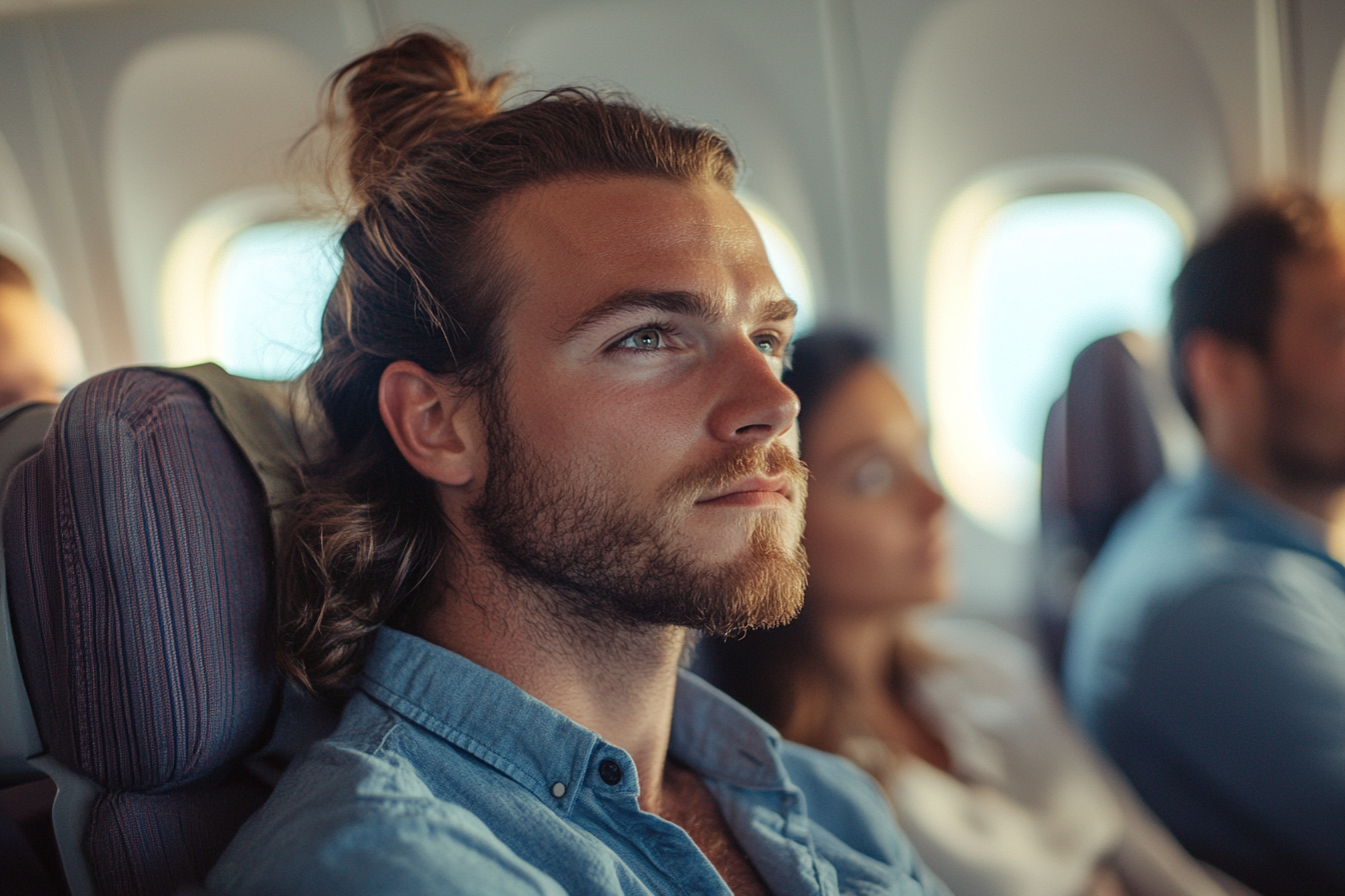 Un homme est assis, pensif, alors qu'il prend l'avion | Source : Midjourney